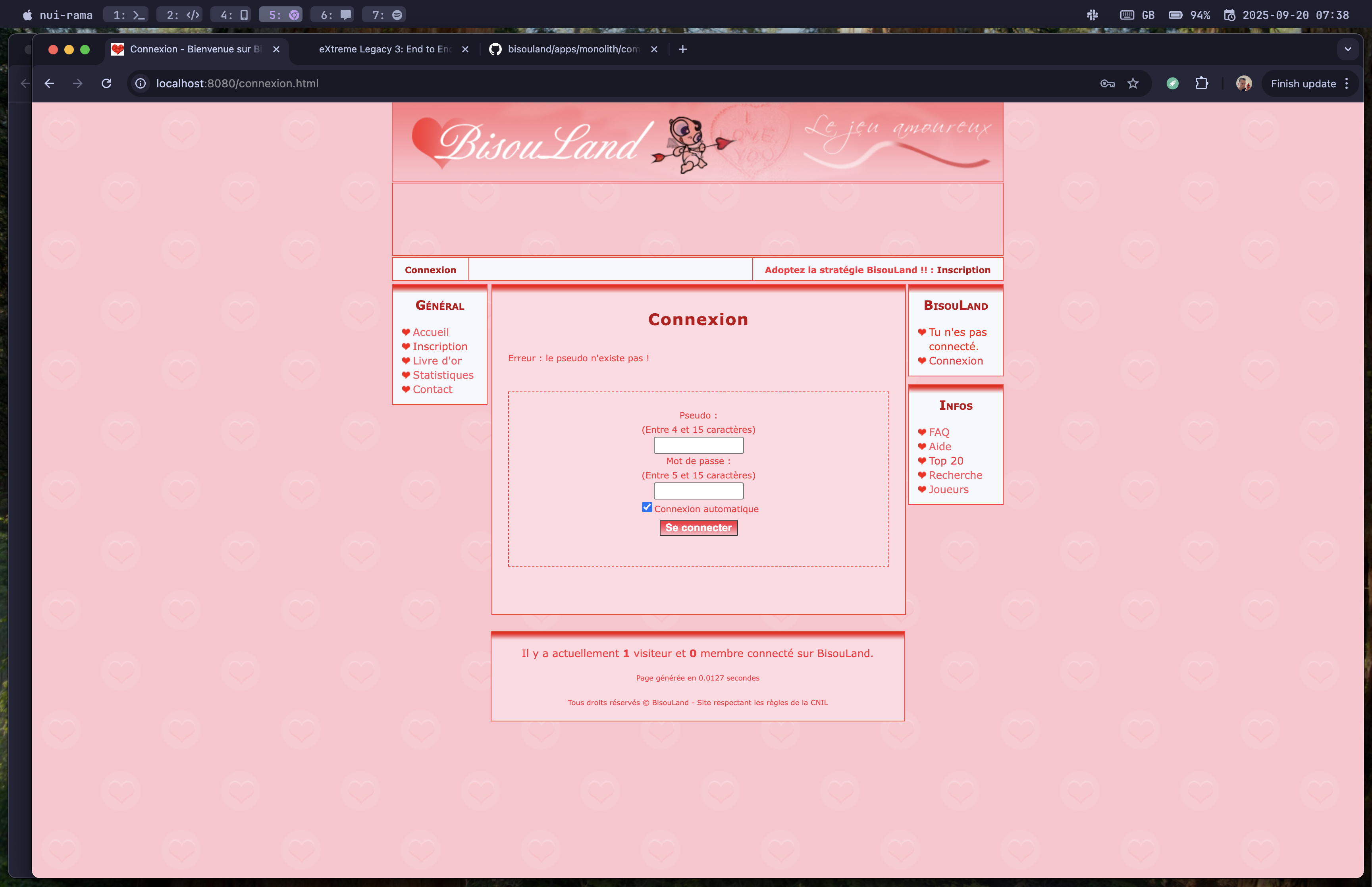 BisouLand signup errot screenshot