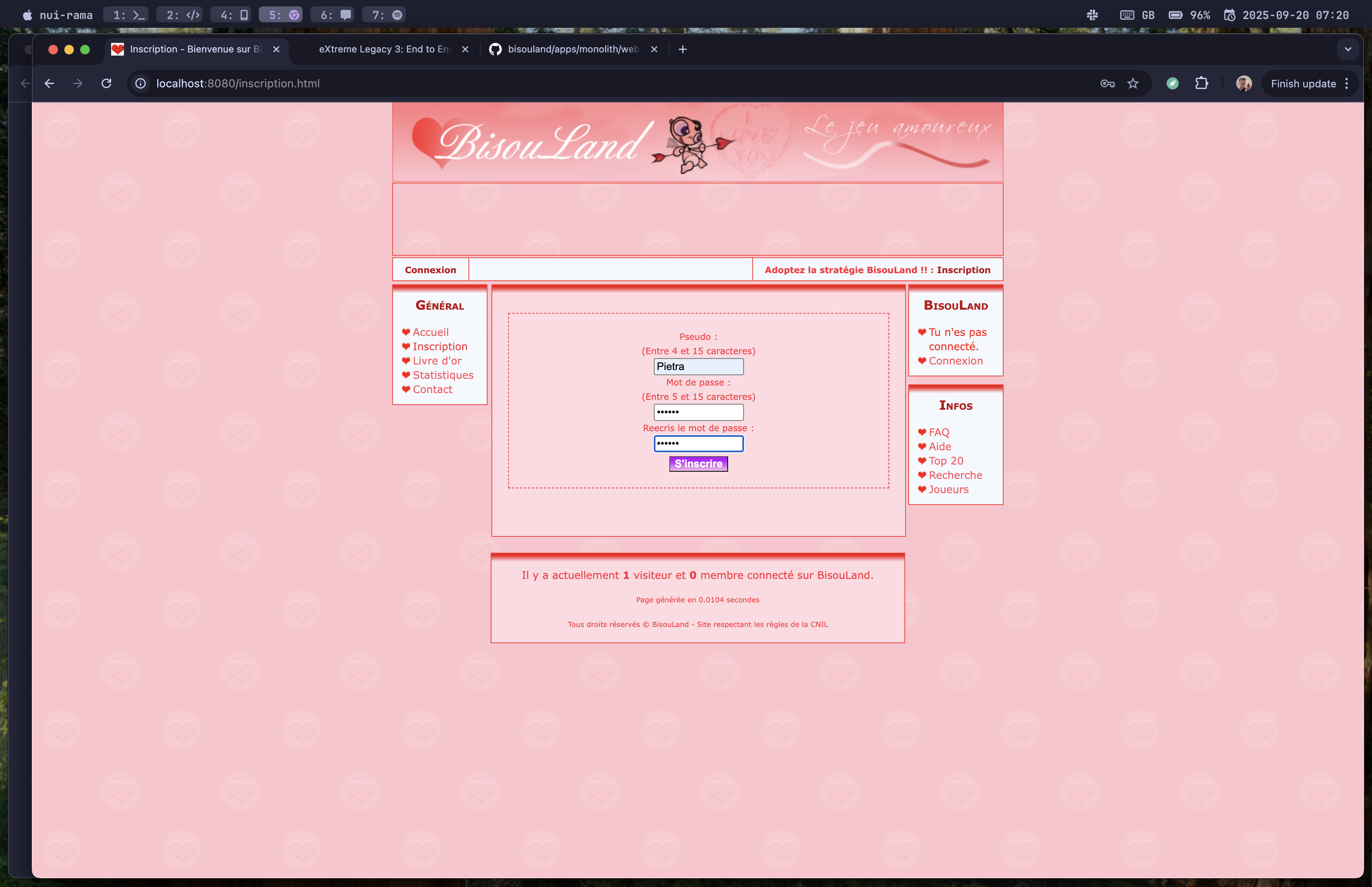 BisouLand signup attempt screenshot